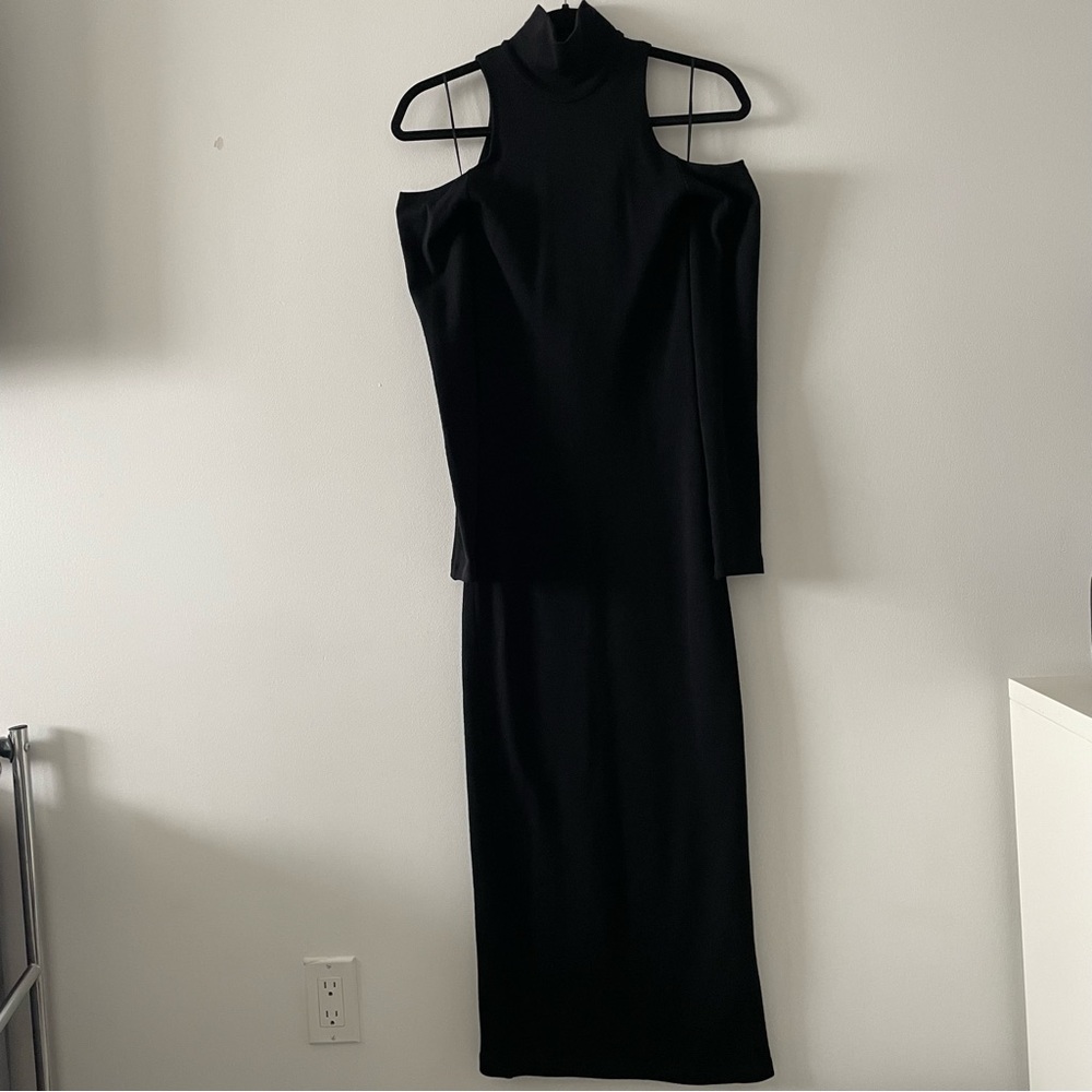 Balmain black long maxi 100% wool turtle neck shoulder cutout dress size